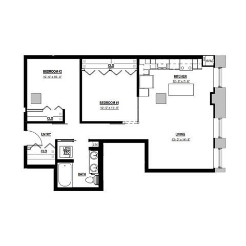 A floor plan of a living space with two bedrooms, a kitchen, and a bathroom.