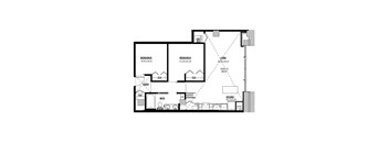 A floor plan of a house with two bedrooms, a living room, a kitchen, a bathroom, and an entry.