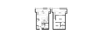 A floor plan of a two bedroom apartment with a living room, kitchen, and bathroom.