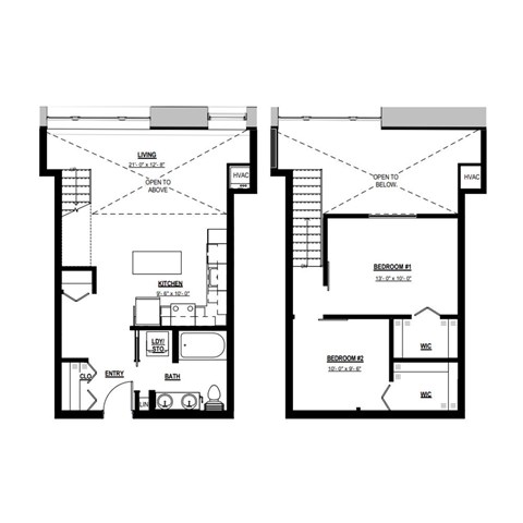 A floor plan of a two bedroom apartment with a living room, kitchen, and bathroom.