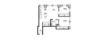 A floor plan of a home with two bedrooms, a living room, a dining room, a kitchen, a cloakroom, a linen closet, a bathroom, and an entryway.