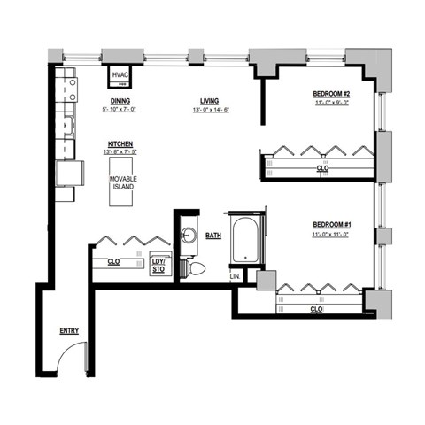 A floor plan of a home with two bedrooms, a living room, a dining room, a kitchen, a cloakroom, a linen closet, a bathroom, and an entryway.