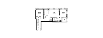 A floor plan of a house with two bedrooms, a living room, a kitchen, a bathroom, a laundry area, and an entry point.