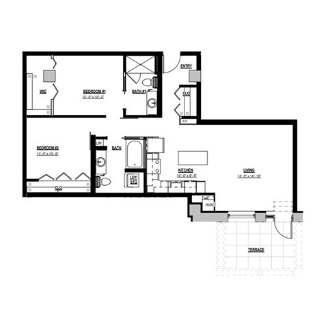 A black and white floor plan of a two bedroom apartment.
