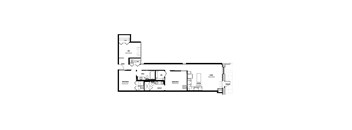A floor plan of a house with a garage, living room, dining room, kitchen, and two bedrooms.