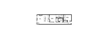 A floor plan of a house with a kitchen, living room, and bathroom.