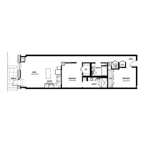A floor plan of a house with a living room, dining room, kitchen, and two bedrooms.