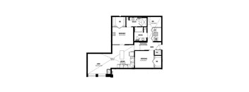 A black and white floor plan of a house with two bedrooms, a living room, a kitchen, a bathroom, and an entry.