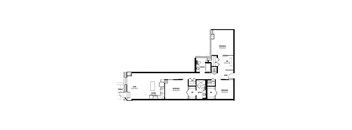 A black and white floor plan of a house with two bedrooms and a garage.