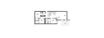 A black and white floor plan of a house with a kitchen, living room, and bathrooms.
