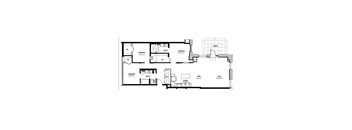 A floor plan of a house with a bedroom, bathroom, kitchen, and living room.