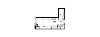 A floor plan of a house with a living room, kitchen, bathroom, and two closets.