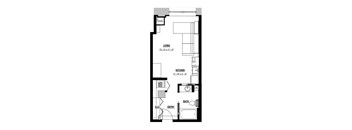 A floor plan of a house with a living room, kitchen, bathroom, and laundry room.