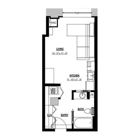 A floor plan of a house with a living room, kitchen, bathroom, and laundry room.