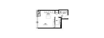 A floor plan of a house with a living room, kitchen, bathroom, and entry.
