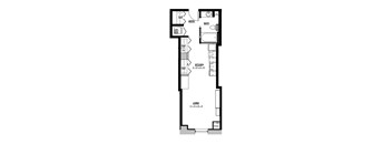 A floor plan of a house with a kitchen, bathroom, and living room.
