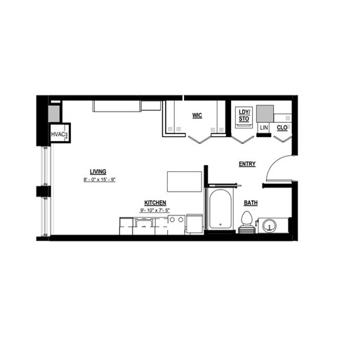 A floor plan of a small apartment with a living room, kitchen, bathroom, and entry.