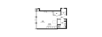 A floor plan of a small apartment with a living room, kitchen, bathroom, and laundry area.