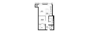 A floor plan of a small apartment with a living room, kitchen, bedroom, bathroom, and entry.