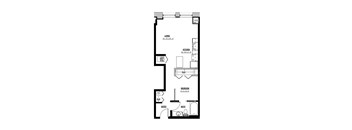 A floor plan of a home with a living room, kitchen, bathroom, and entry.