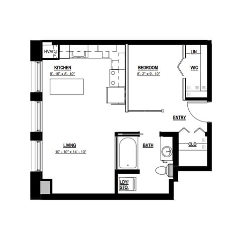 A floor plan of a small apartment with a kitchen, living room, bedroom, bathroom, and closet.