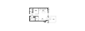 A floor plan of a house with a bedroom, living room, kitchen, bathroom, and terrace.