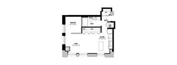 A floor plan of a small apartment with a bedroom, bathroom, kitchen, and living room.
