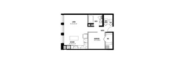 A floor plan of a small apartment with a living room, kitchen, and bedroom.