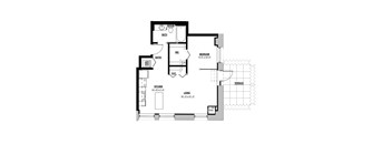 A floor plan of a house with a living room, kitchen, bedroom, and bathroom.