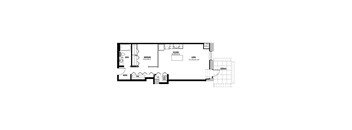 A floor plan of a house with a kitchen, bathroom, and living room.