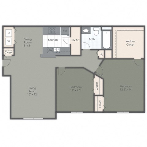 floor plan of a two bed one bath apartment