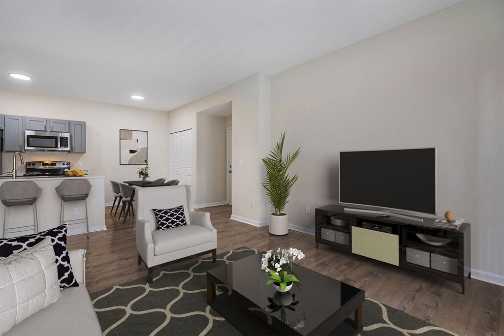 apartment living room with tv and white chair