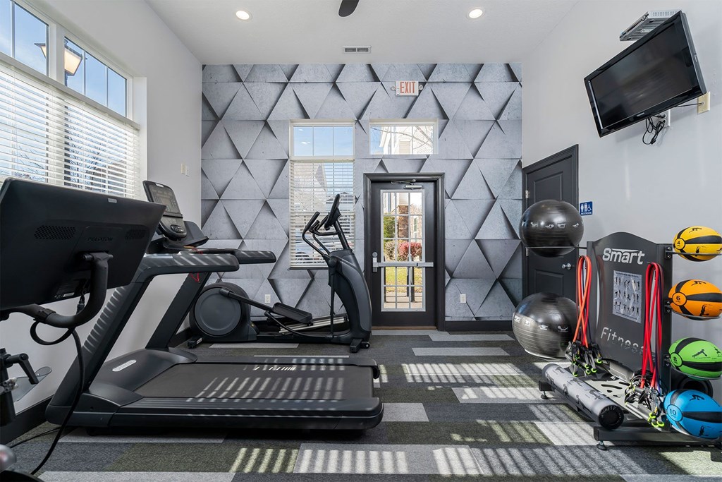 a gym with weights and cardio equipment and a wall with a television