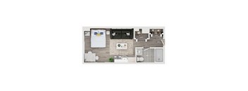 A top-down view of a small apartment layout with labeled rooms and furniture.