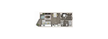 A floor plan of a living space with a kitchen, bathroom, and living room.