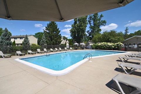 A large outdoor swimming pool surrounded by lounge chairs and trees.