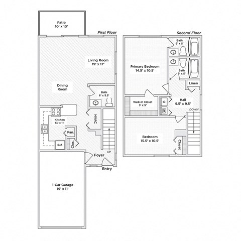 A floor plan of a two-story home with a garage.