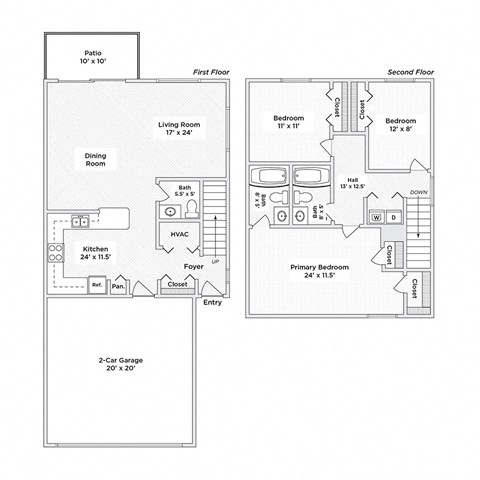 A floor plan of a two-story house with a garage.