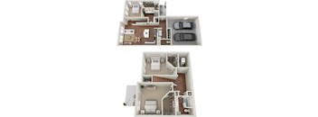 A set of three floor plans for a house with a garage and a living room.