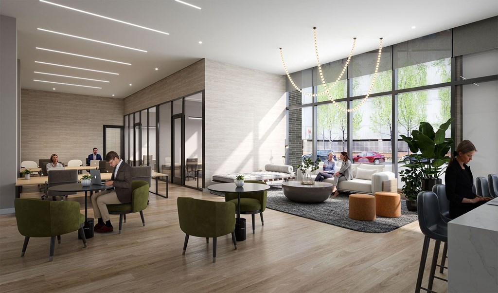 a rendering of a lobby with people sitting at tables and chairs