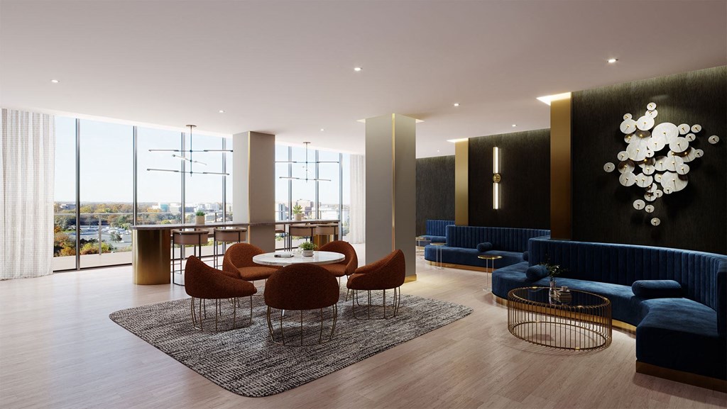 a rendering of a living room with blue couches and a table and chairs