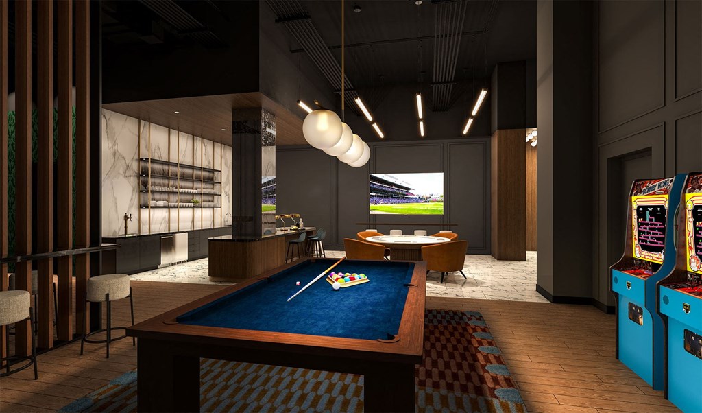 a rendering of a game room with a pool table and video games