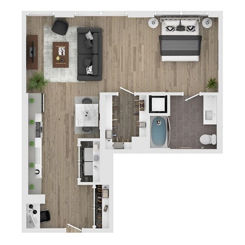 a floor plan of a bedroom with a bathroom and a living room