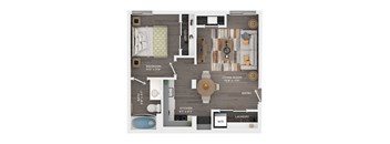A floor plan of a small apartment with a bedroom, living room, kitchen, and bathroom.