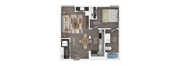 A floor plan of a small apartment with a living room, kitchen, bathroom, and bedroom.