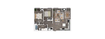A floor plan of a small apartment with a bedroom, living room, kitchen, and bathroom.