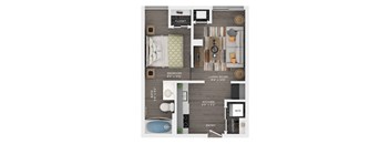 A floor plan of an apartment with a bedroom, living room, kitchen, bathroom, and laundry room.
