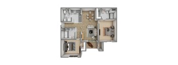 A 3D floor plan of a house with a kitchen, living room, and two bedrooms.
