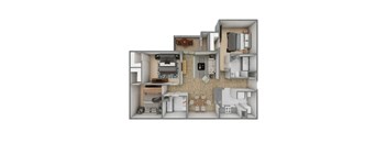 A 3D floor plan of a small apartment with a kitchen, living room, and bedroom.
