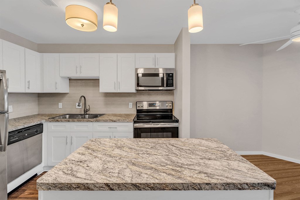 A kitchen with a granite countertop and stainless steel appliances.
